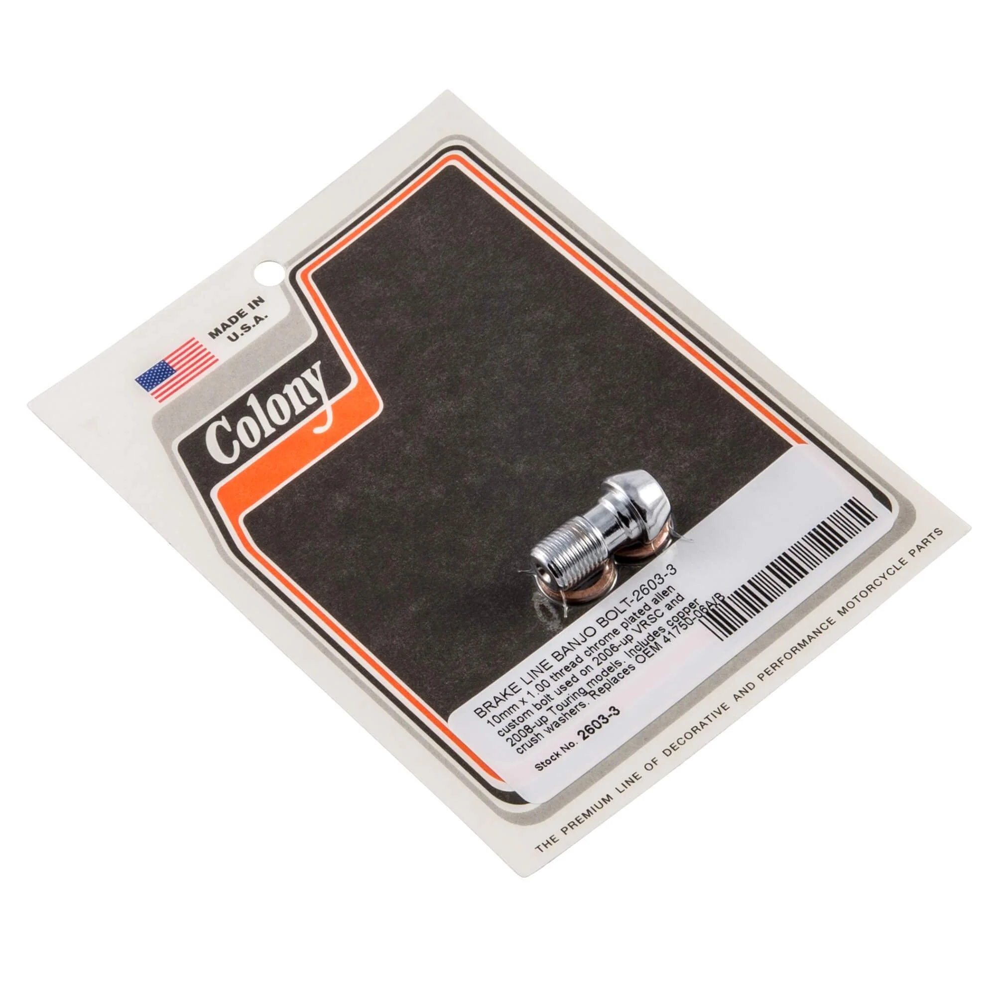#2603-3 Custom Brake Line Banjo Bolt 10mm x 1.00 2008-Up Harley-Davidson Touring 2006-Up VRSC - Chrome Plated