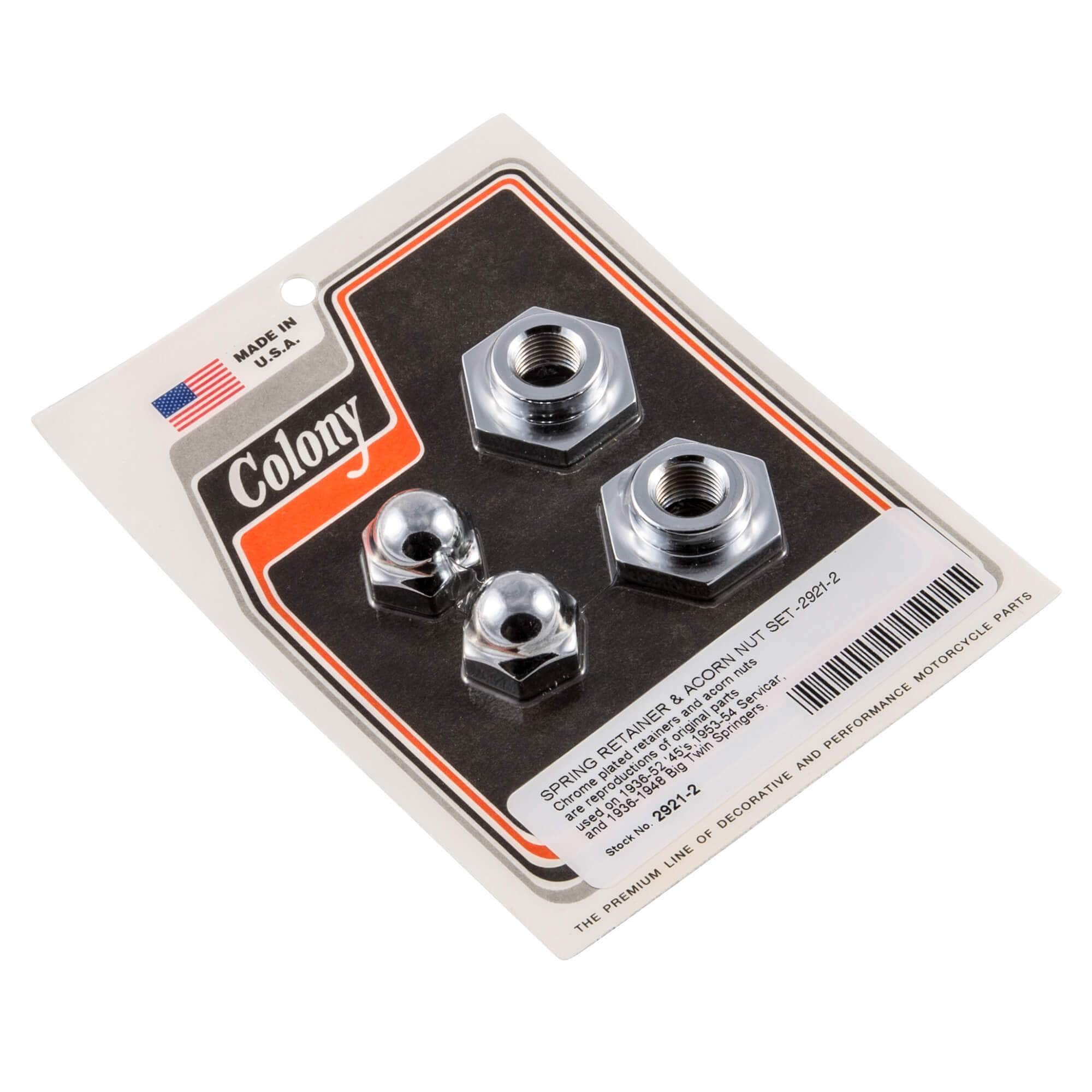 #2921-2 Spring Retainer & Acorn Nut Set 1936-1948 Harley-Davidson Big Twin Springers 1936-1952 45s 1953-1954 Servi-car - Chrome Plated