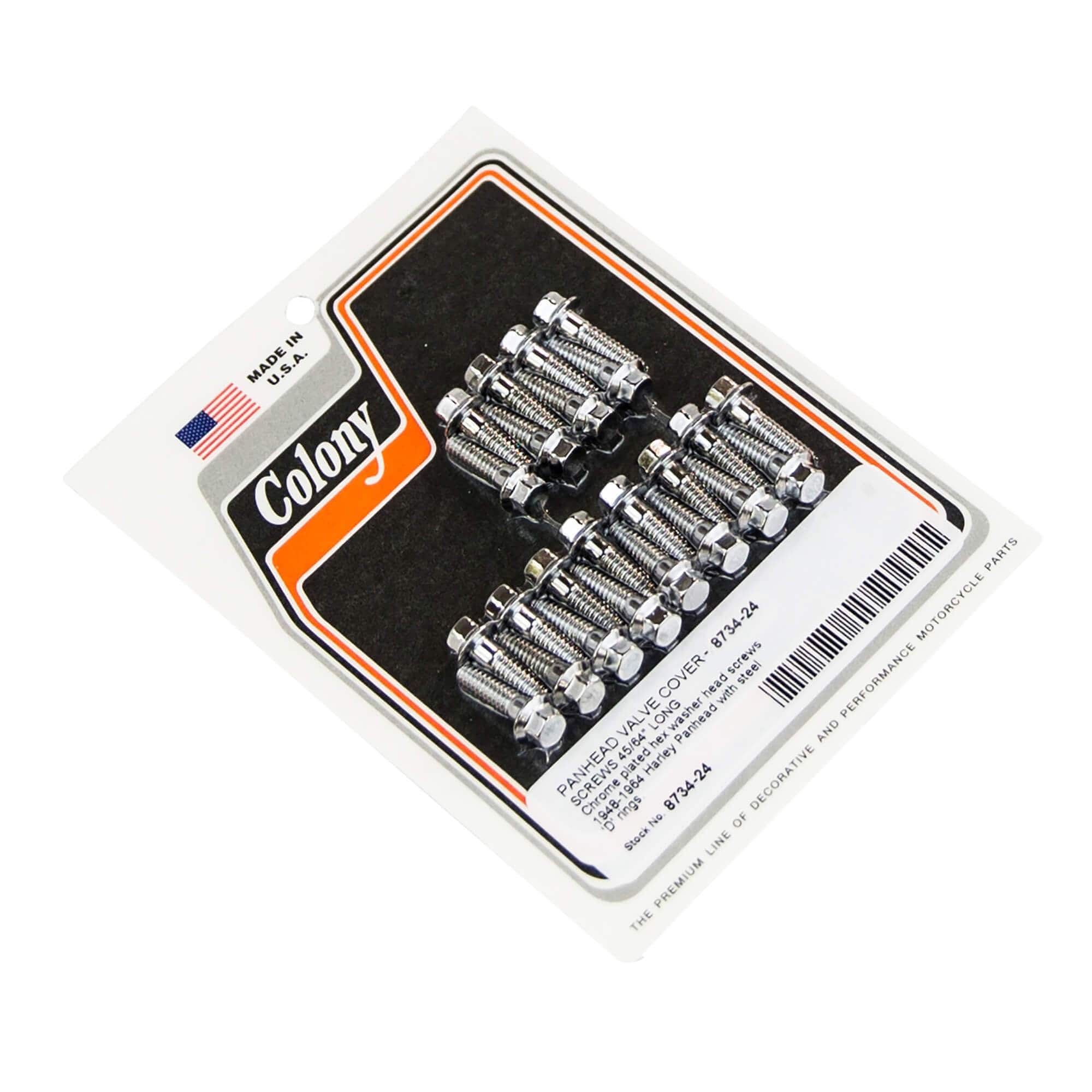 #8734-24 Valve Cover Screws 45/64 inch Long 1954-1965 Harley-Davidson Panhead With Steel D-Rings - Chrome Plated