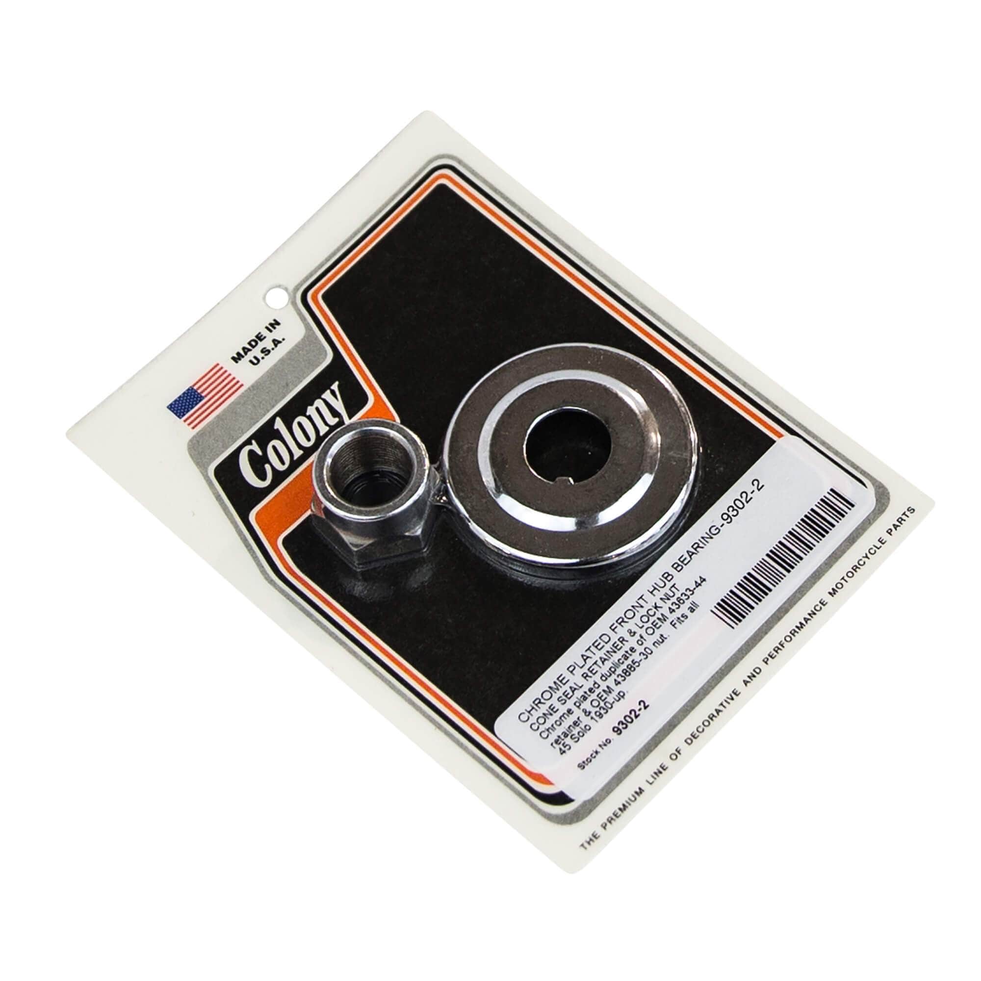 #9302-2 Front Hub Bearing Retainer & Lock Nut 1930-Up Harley-Davidson 45 Solo - Chrome Plated