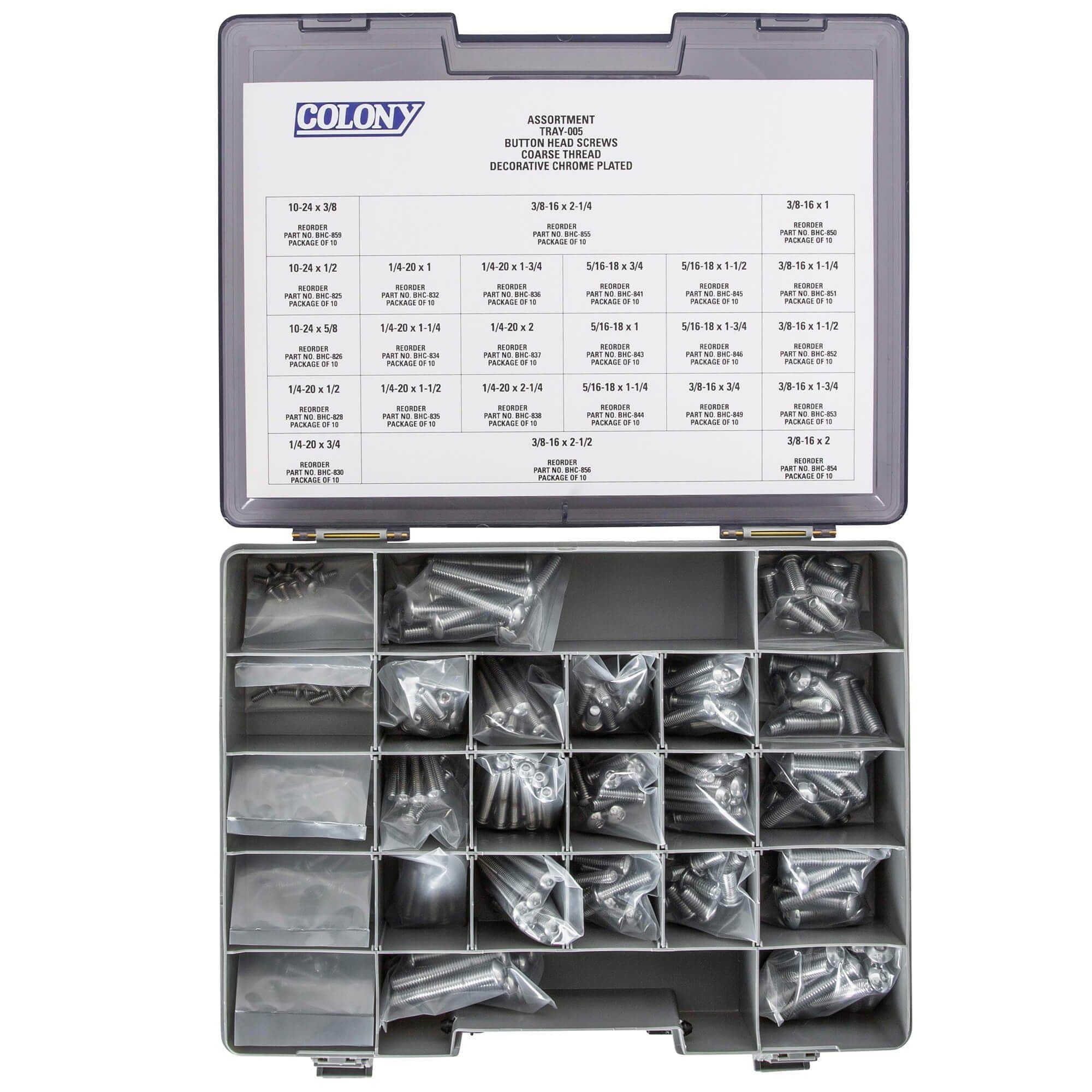005 Button Head Socket Head Screw Assortment - Coarse Thread - 240 Piece - Chrome Plated
