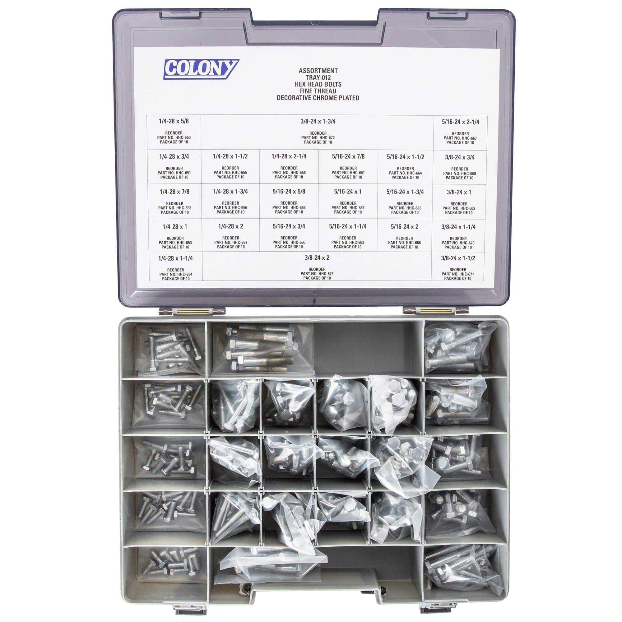 012 Hex Head Bolts Assortment - Fine Thread - 240 Piece - Chrome Plated