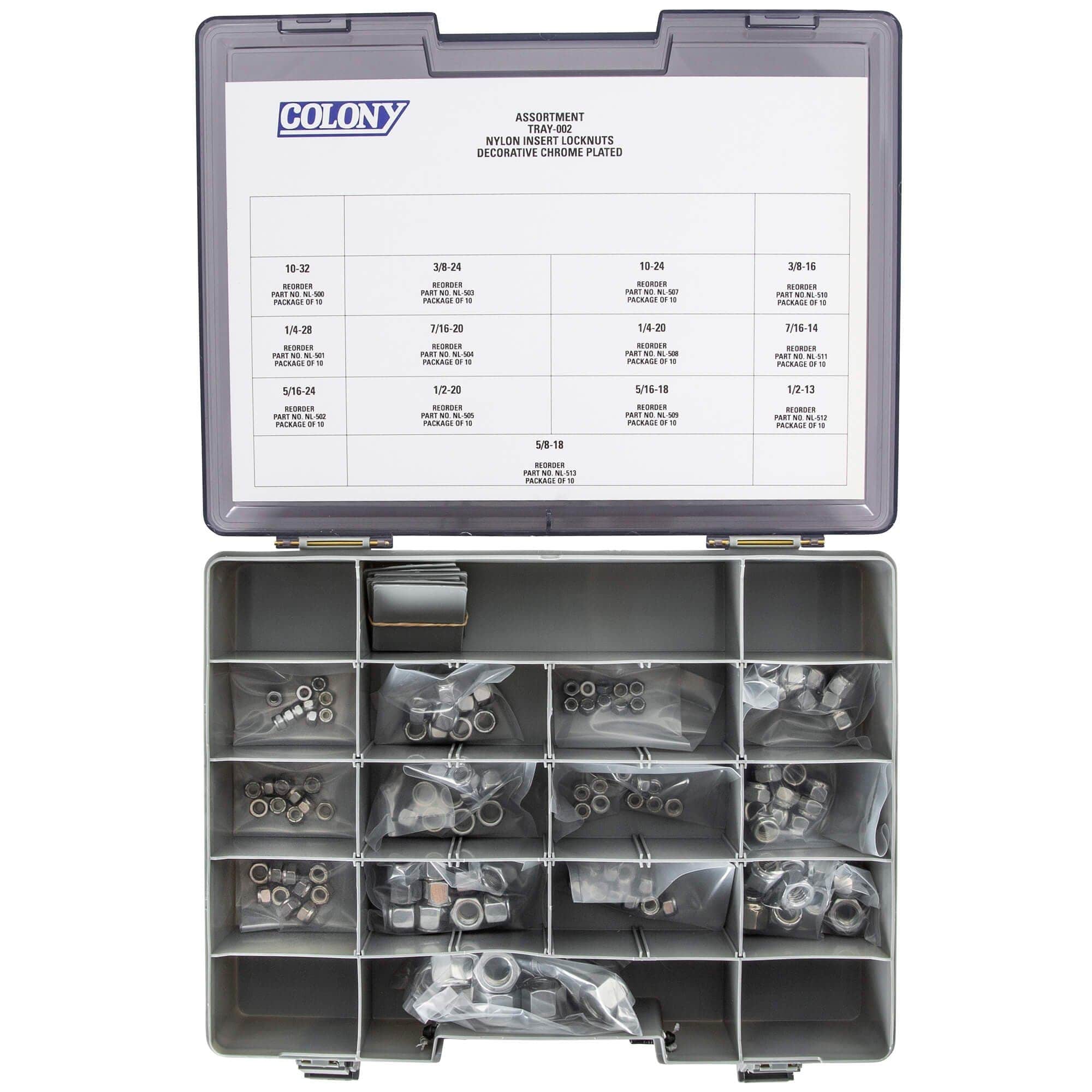 #002 Nylon Insert Locknut Assortment Tray - 130 Piece - Chrome Plated