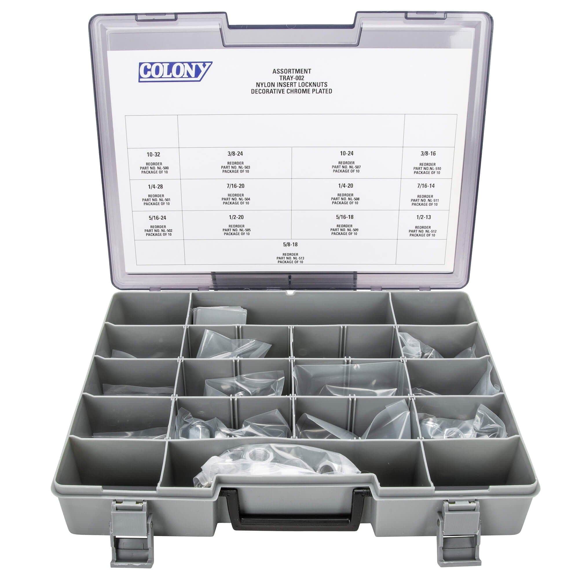 #002 Nylon Insert Locknut Assortment Tray - 130 Piece - Chrome Plated - Image 2
