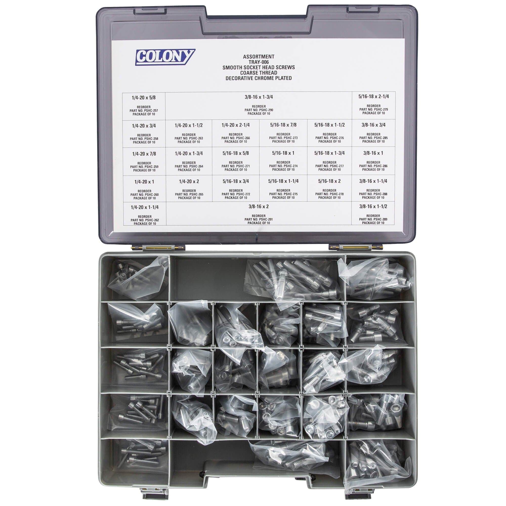 006 Smooth Head Socket Head Screw Assortment - Coarse Thread - 240 Piece - Chrome Plated