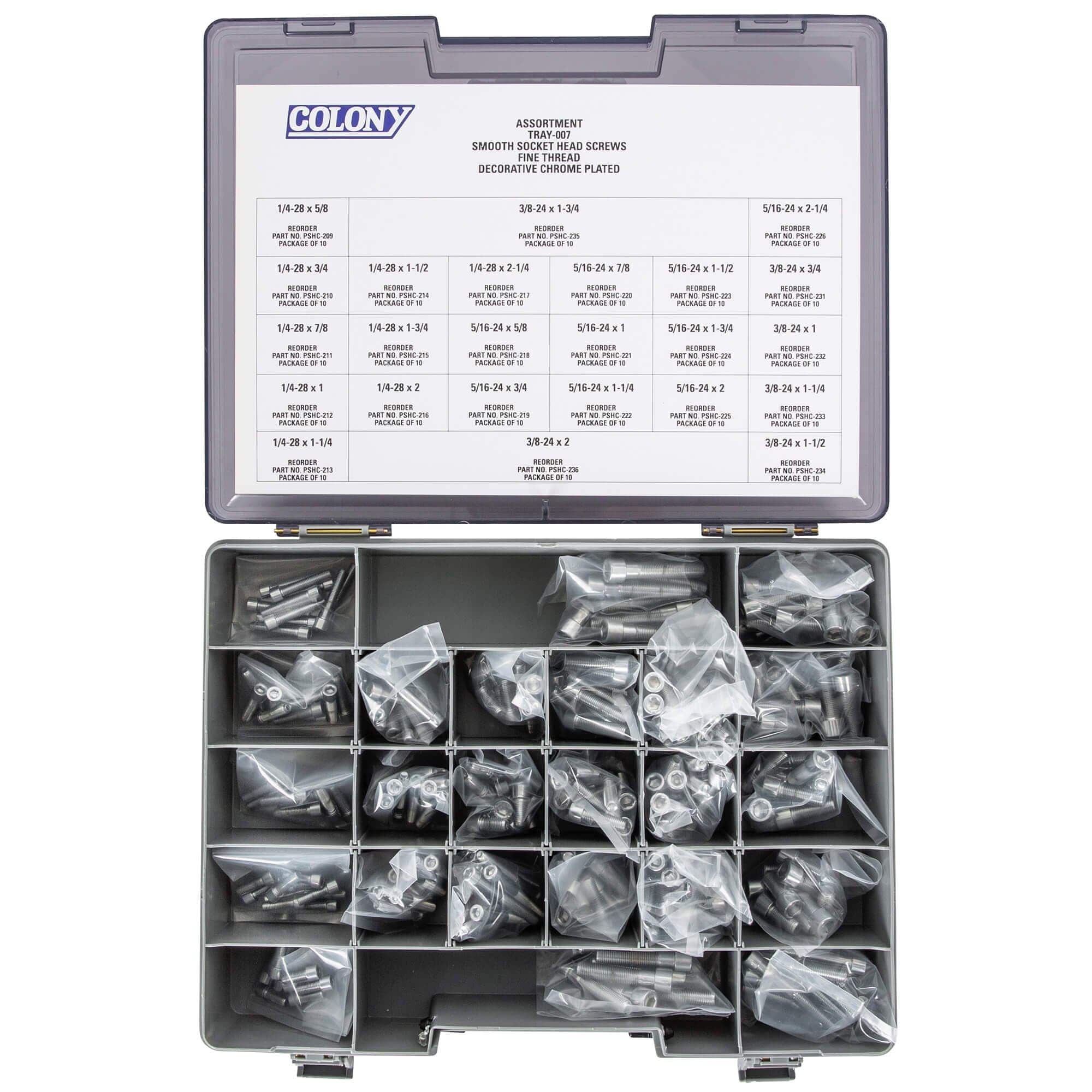 007 Smooth Head Socket Head Screw Assortment - Fine Thread - 240 Piece - Chrome Plated