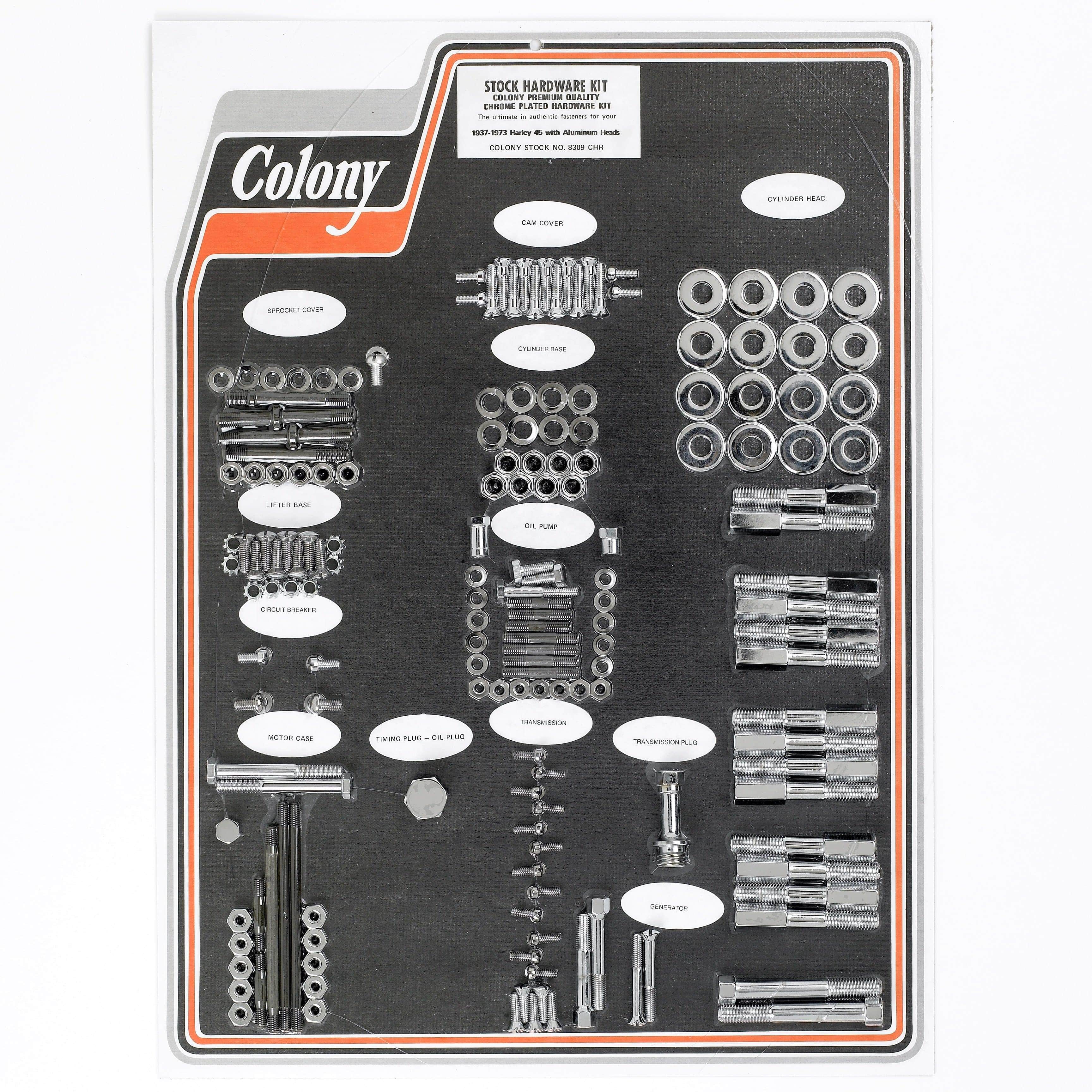 #8309 CHR Complete Stock Hardware Kit - 1937-1973 Harley-Davidson 45 with Aluminum Head - Chrome Plated
