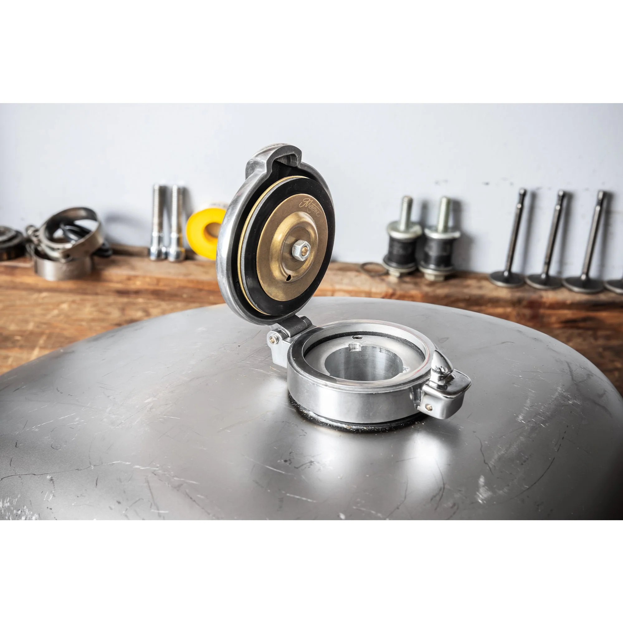 Monza Flip-Up Gas Cap - Polished Aluminum - Vented 2.5" Diameter - Image 17