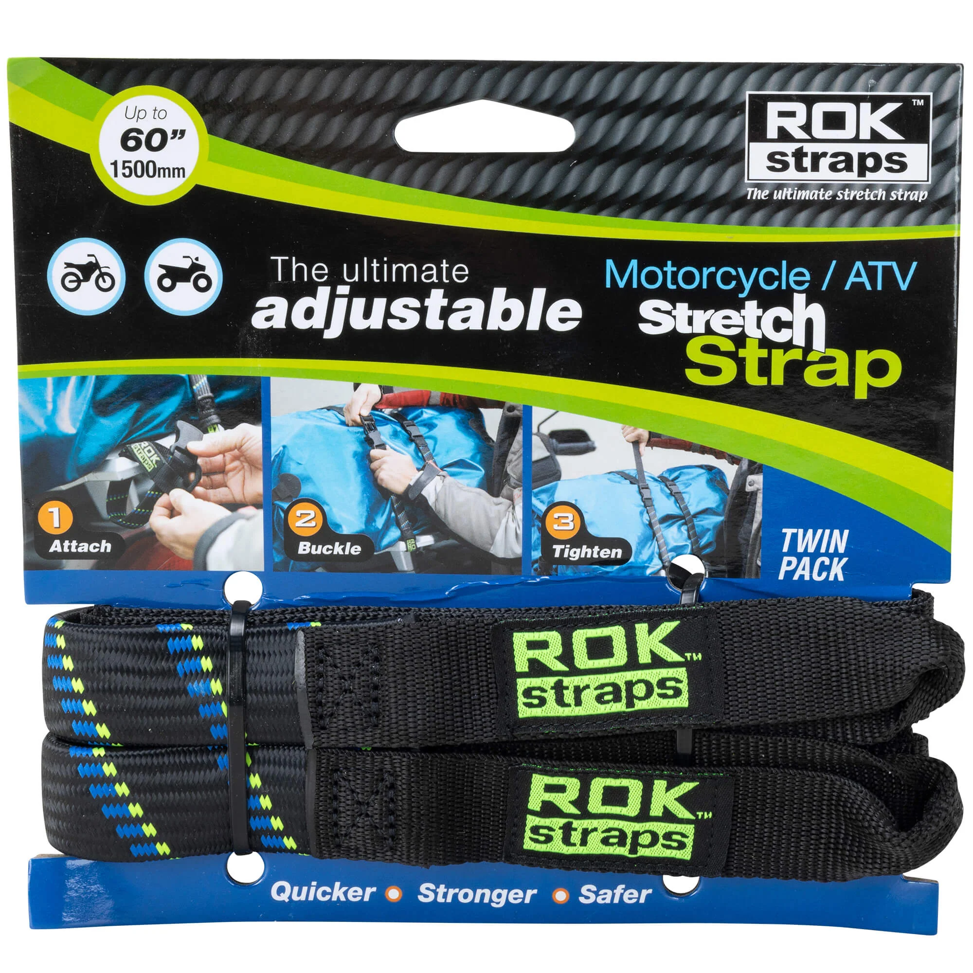 The Ultimate Adjustable Cargo Straps Twin Pack - 18"-60" x 1" - Black/Blue/Green