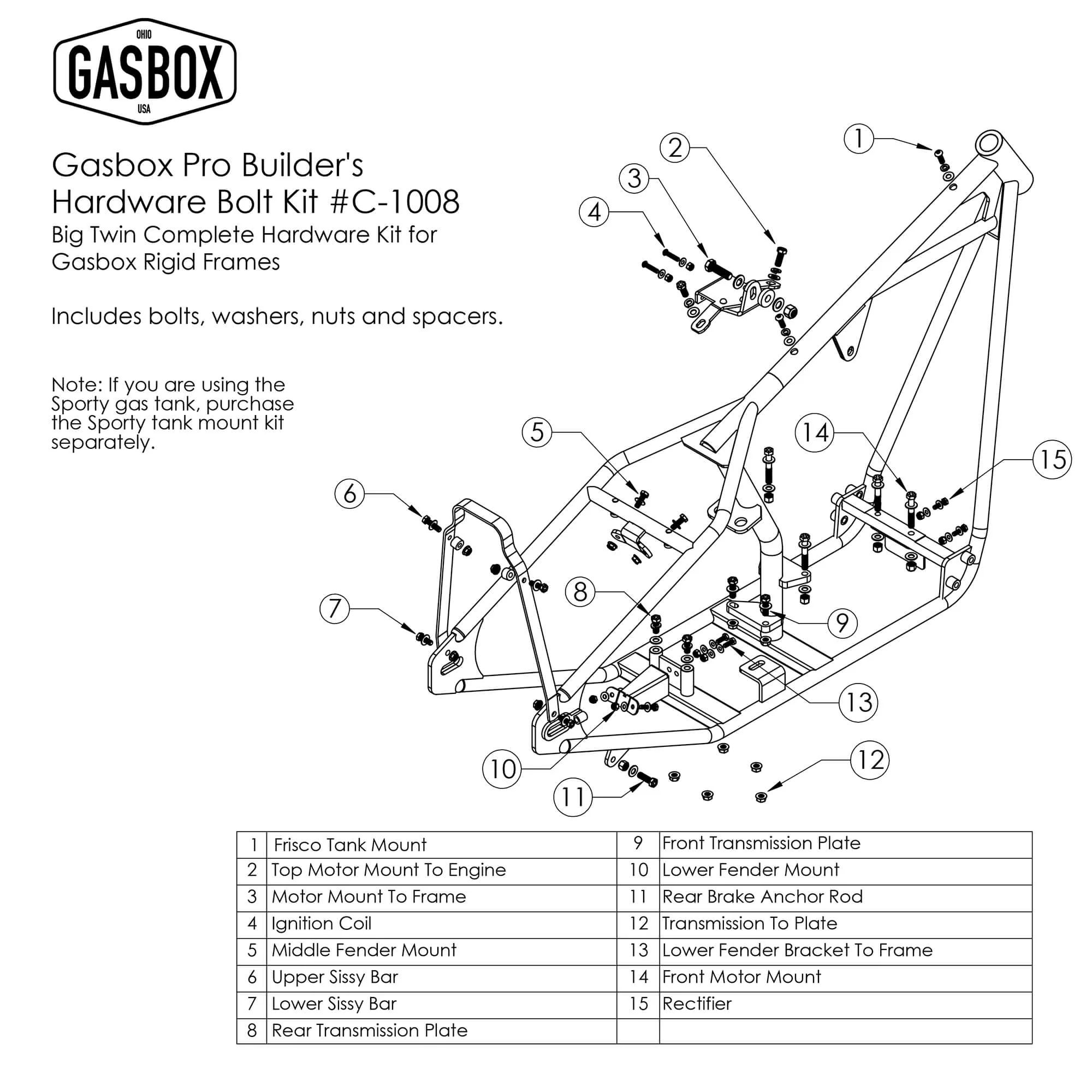 Complete Hardware Kit for Gasbox Rigid Big Twin Frames with Frisco Tanks - Image 3