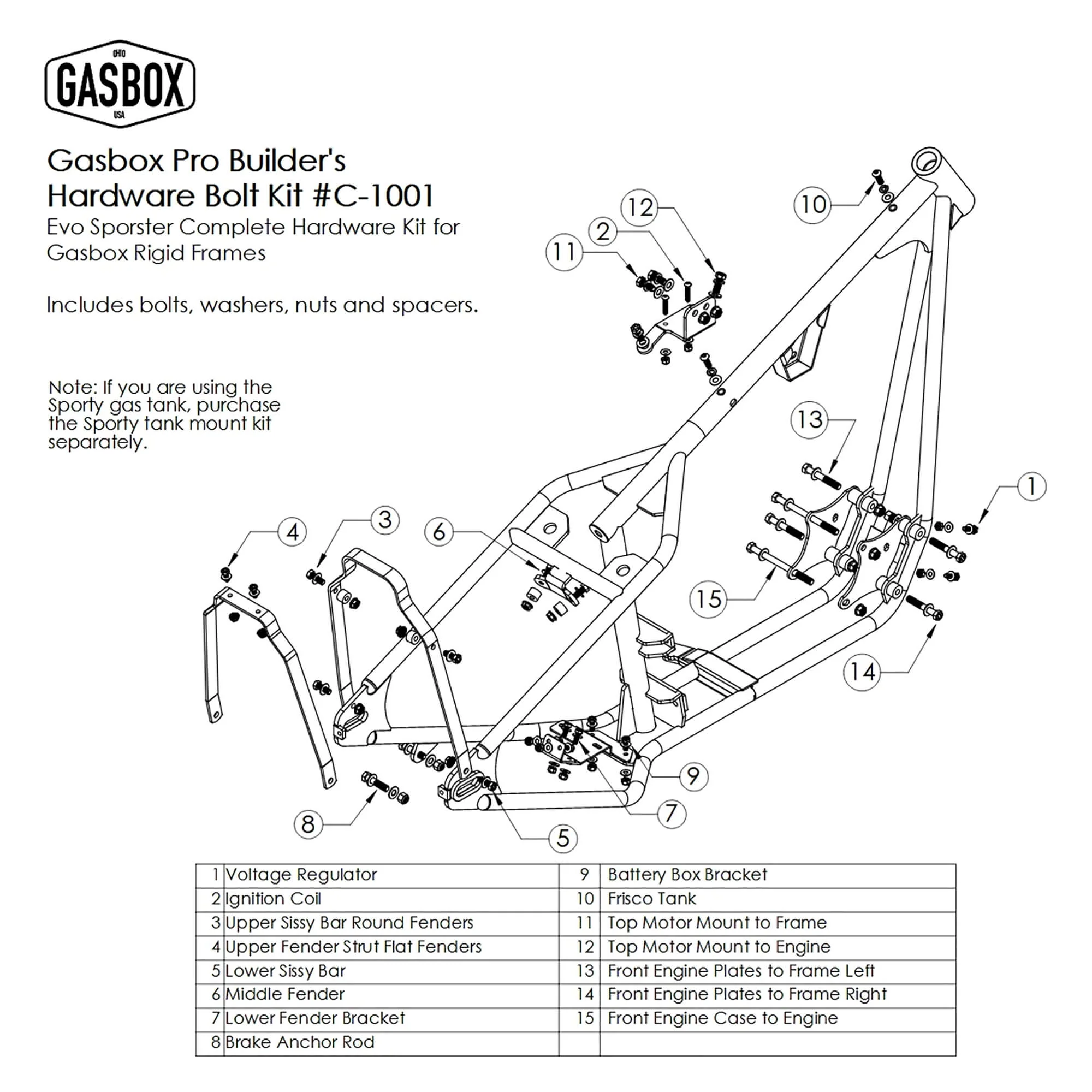 Complete Hardware Kit for Gasbox Rigid EVO Sportster Frames with Frisco Tanks - Image 3